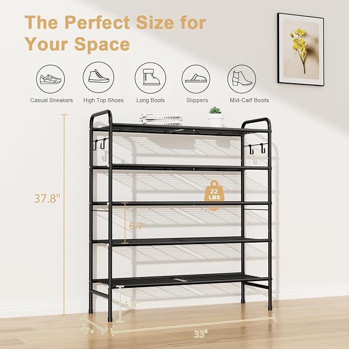 VILICK 5 Tier Shoe Rack 33" Wide Metal Shoe Organizer Long Shoe Storage with 4 Side Hooks Sturdy Shoes Shelf for Closet, Front Door Entrance, Garage, Dorm, Black