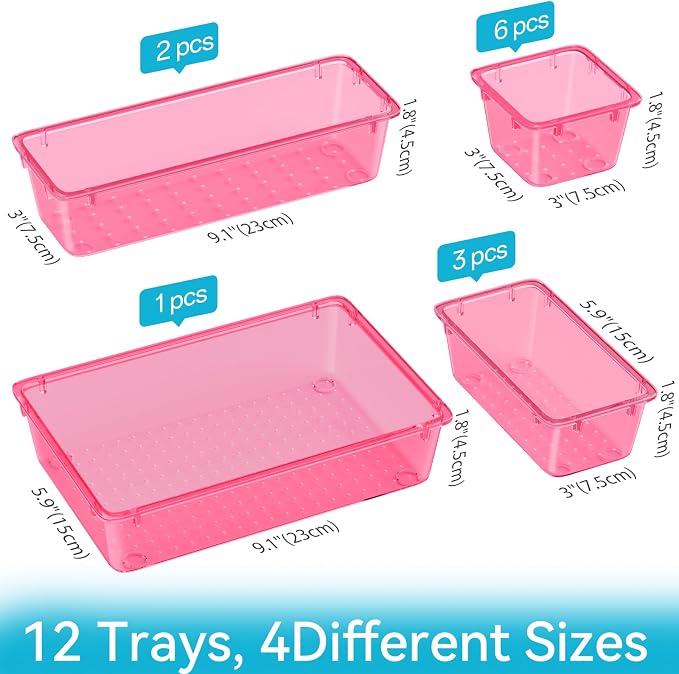 12 PCS Drawer Organizer Set, Makeup Organizers, Tool Storage Trays, Pink | 4 Sizes, Plastic, Stackable, Multiple Gadgets, Desk Drawer Divider Organizers, for Makeup, Office Supplies Storage