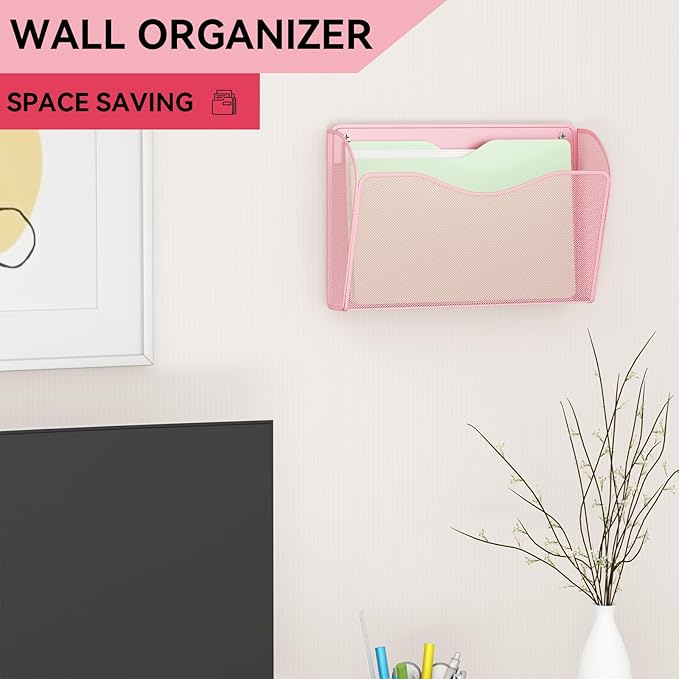 3 Single Pocket Wall File Holder, Mesh Hanging File Folder Paper Organizer, Vertical Wall Mounted Mail Basket, Storage Organization Magazine Rack for Office, Home and School, Pink