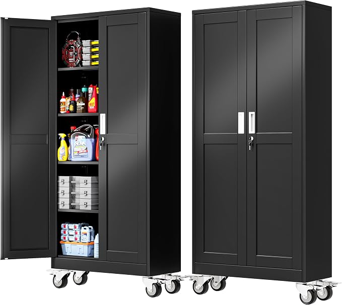 PAOFIN 71''H Tall Metal Garage Storage Cabinet with Wheels,Steel File Cabinets with 2 Doors and 4 Adjustable Shelves for Home Office, Warehouse, Required Assembly,Black