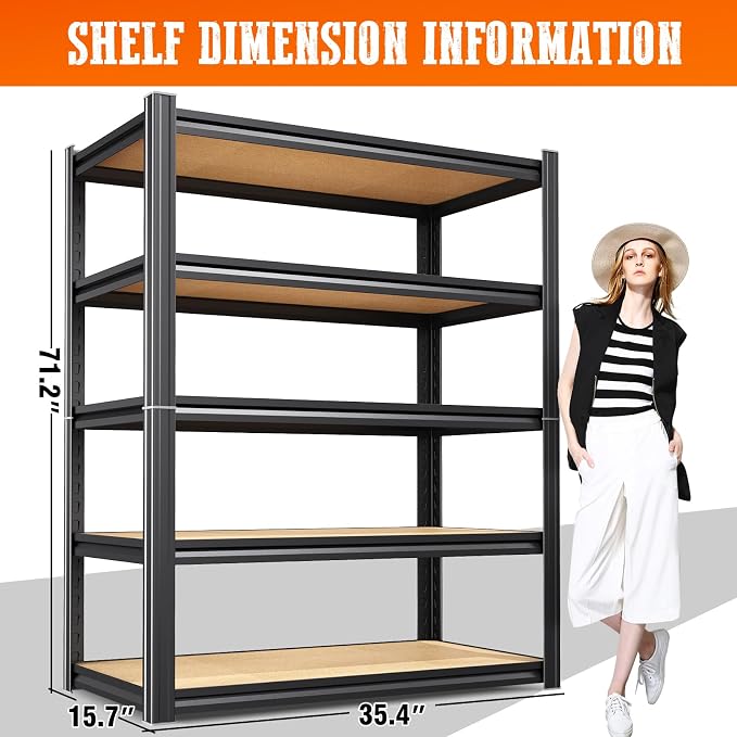 Set of 6 Heavy Duty Garage Shelving Unit, 71.2" Hx35.4 Wx15.7 D, 5-Tier Adjustable Storage Shelves for Garage Storage, Standing Shelf Unit & Shelves Organizer for Home, Warehouse, Workshop