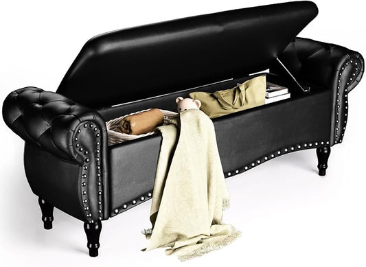ZZW Storage Ottoman Bench, 51" Length Upholstered End of Bed Storage Bench for Bedroom with Safety Hinge, Tufted Bed Benches with Rolled Arm and Nailhead Trim for Living Room, Entryway Black