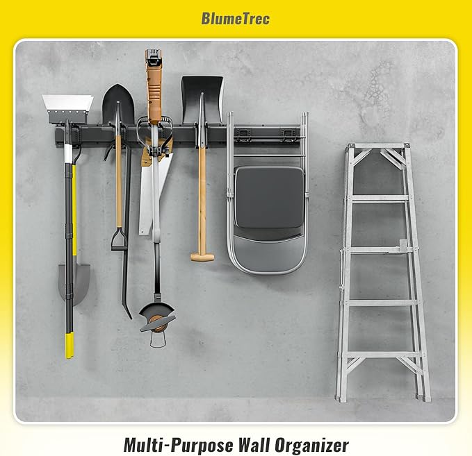 Garage Tool Organizer Wall Mount, 48" Heavy-Duty Metal Wall Organizer, 3 Rails with 6 Adjustable Hooks, Garden Storage Rack for Organization Sturdy Tool Hanging Holder for Shovel Shed Yard