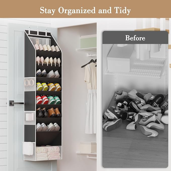 Shoe Organizer, Over the Door Shoe Organizer for Closet, Hanging Closet Shoe Storage with Large Deep Pockets, Holds Sneakers, Sandals, Boots, Fits 16–24 Pairs, Black