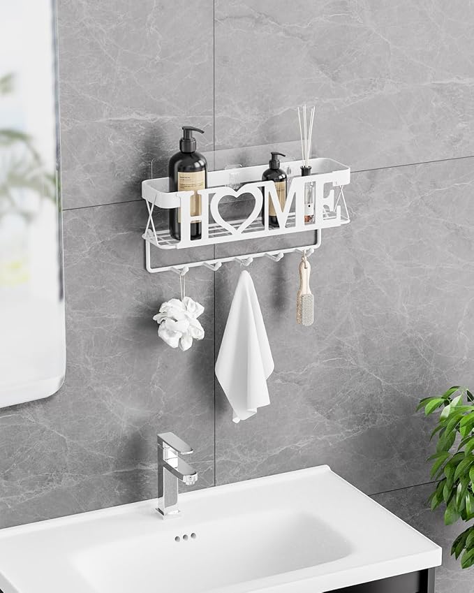 Key Holder Wall Mount - Adhesive Key Holder with 5 Hooks, Key Rack and Mail Organizer, Metal Basket Key Hanger for Entryway, Home, Living Room Decor, 11" L×2.8" W×4.9''H(White)
