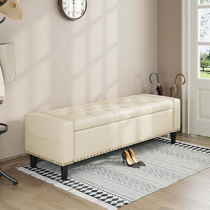 60" Storage Ottoman Bench, Faux Leather Upholstered Bed Bench with Tufted Buttons and Nailhead Trim, Large Ottoman with Storage for King Size End of Bed, Bedroom, Entryway, Hallway (Cream White)