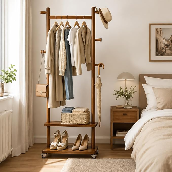 Taitiy Coat Rack Freestanding Solid Wood with Wheels 2 Shelves 5 Hooks | 100% solid rubberwood,hidden 360° silent wheels,2 tier shelves,5 hooks,small clothing rack,entryway bedroom living room