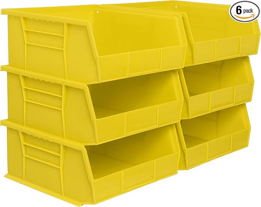 Akro-Mils 30235 AkroBins Plastic Storage Bins, 11"x11"x5", Yellow, 6-Pack | Space-Saving Stackable Bins for Garage, Pantry, Craft Organization