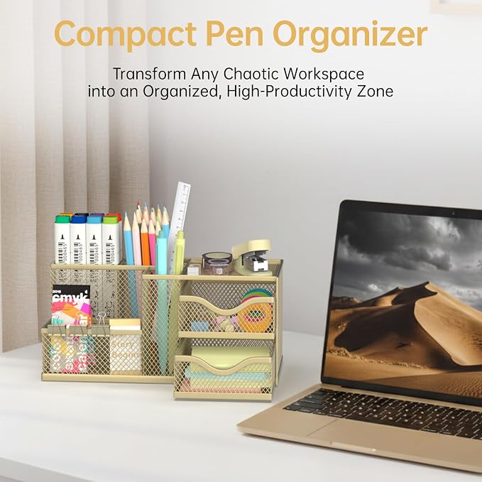 Mesh Desk Organizer with 2 Drawers, Metal Pen Holder for Desk, Gold | Versatile Storage for Pens, Notes, Clips, Desk Accessories and Office Supplies for School Office Classroom