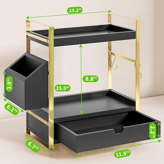 2-Tier Bathroom Counter Organizer, Wooden Vanity Shelf with Drawer & Basket | Pre-Drilled Holes, Skincare & Makeup Countertop Organizer and storage, Black-gold