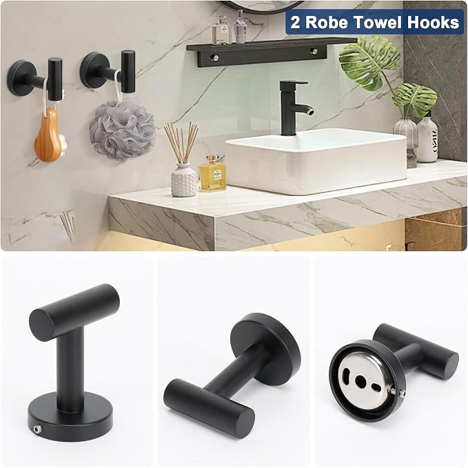 NearMoon 5 Pieces Bathroom Hardware Set SUS304 Thicken Stainless Steel-Towel Rack Kit Include 24" Towel Rod + Bath Towel Ring + Toilet Paper Holder + Robe Towel Hooks Bath Accessories (Matte Black)