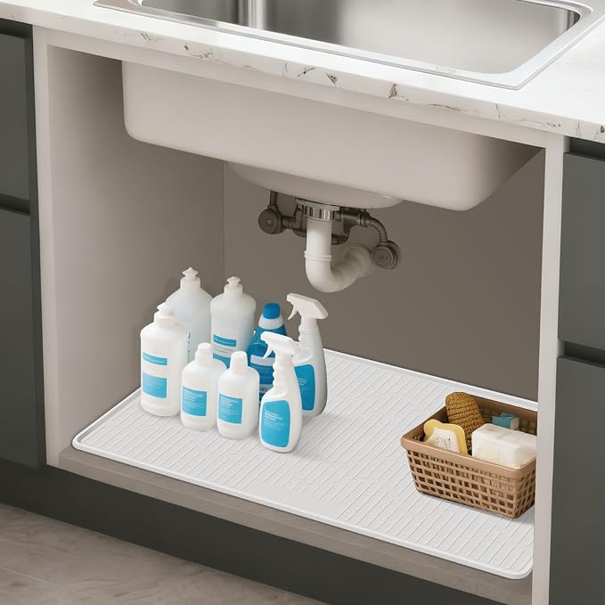 36" x 24" Under Sink Mat for Kitchen Lanstics Under Sink Organizer Waterproof Raised Edge Silicone Mat Sink Protector Silicone Organizers Tray for Kitchen Bathroom (White)