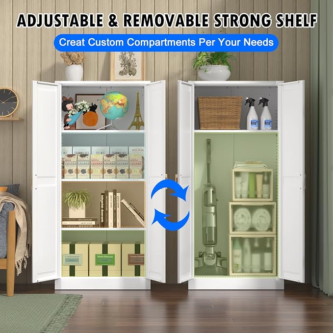 Polup 60" White Metal Kitchen Pantry Storage Cabinet with Doors and Shelves | Freestanding Cupboard, Cold-Rolled Steel, 4-Tier Heavy Duty, Adjustable Shelving, Gold Handles, for Garage Office & Laundry