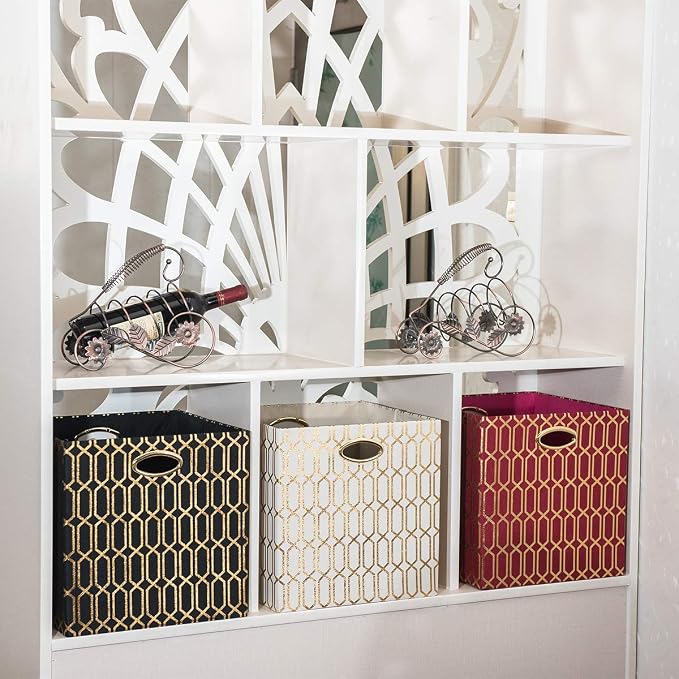 Posprica Storage Bins, Storage Cubes, 11×11 Fabric Drawers Organizer Basket Boxes Containers (11×11×11/4pcs, Cream/gold geometry Pattern)