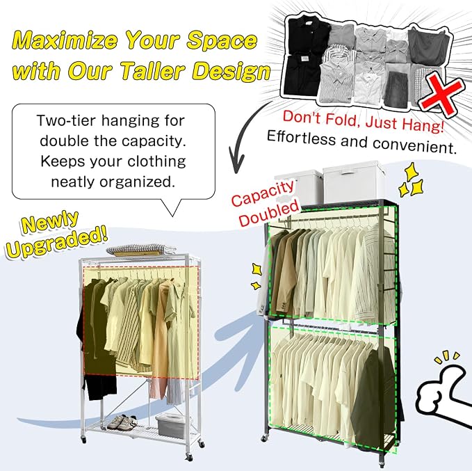 lumizone Folding Clothing Rack with Wheels Expandable Black | Adjustable Garment Rack Portable Clothes Rack for Hanging Clothes Closet Shelves Durable Closet Racks for Hanging Clothes
