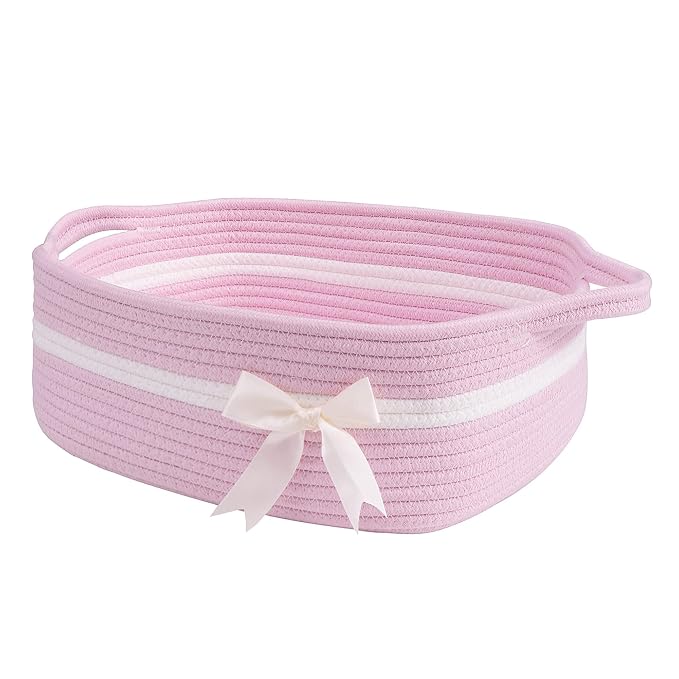 CHICVITA Small Woven Rope Gift Basket for Baby Girls, Pink | 13" x 10" x 5", Rectangle Shelf Basket for Nursery & Bathroom, Toys, Diapers & Towels Organization, Built-In Handles