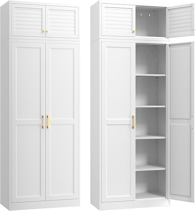 Steeloong 86"Metal Pantry Storage Cabinet with Doors & 4 Adjustable Shelves | Kitchen Pantry Cabinet,White Kitchen Cabinet with 4 Gold Handles,Tall Cabinet for Livingroom,Pantry, Bathroom,Kitchen,Garage