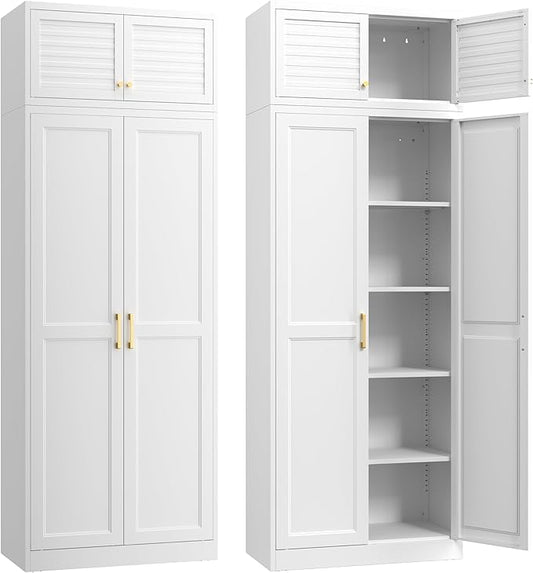 Steeloong 86"Metal Pantry Storage Cabinet with Doors & 4 Adjustable Shelves | Kitchen Pantry Cabinet,White Kitchen Cabinet with 4 Gold Handles,Tall Cabinet for Livingroom,Pantry, Bathroom,Kitchen,Garage