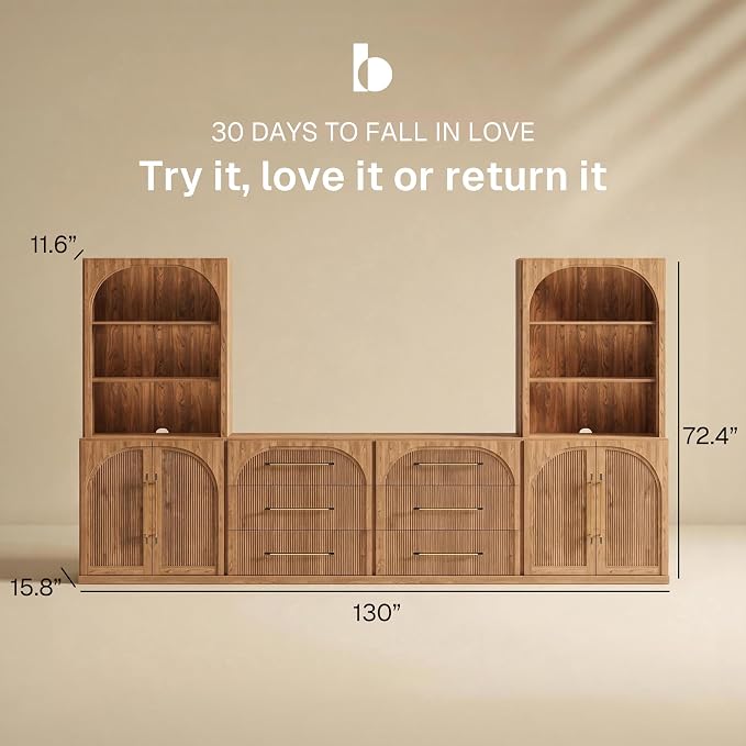 BELLEZE 6-Piece Modular TV Stand Set - 2 Double-Arc Wood Door Sideboards, 2 Sideboards with Drawers, and 2 Hutch Cabinets, Classic Modern Media Console with Adjustable Shelves for Living Room(Camel)