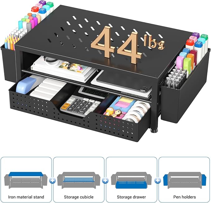 OPNICE Desk Organizer and Accessories, 2-Tier Computer Monitor Stand Riser with Drawer and 2 Pen Holders, Laptop Stand, Office Desk Accessories for Office Supplies, 1 Pack, Black-Ventilated