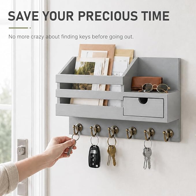 FifthQuarter Key Holder for Wall with Storage Drawer and 6 Sturdy Hooks | Wooden Entryway Organizer and Decorative, Easy Installation