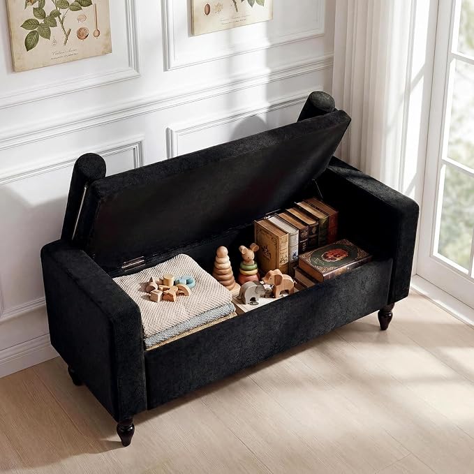 End of Bed Bench for Bedroom, 45.7" Linen Storage Ottoman Bench with Removable Pillows, Upholstered Entryway Bench with Solid Wood Legs, Storage Cabinet for Bedroom, Living Room, Entryway, Black