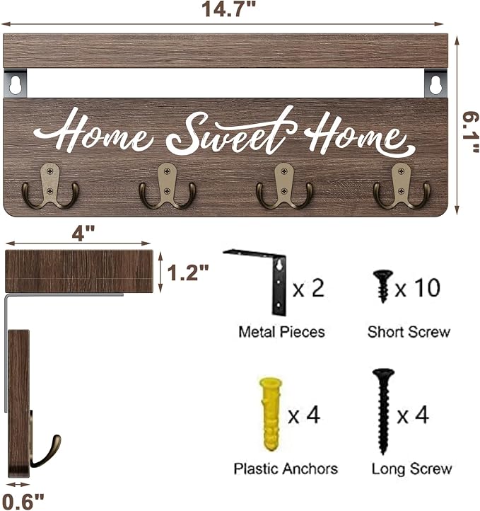 buways Key Holder Wall Mount with 8 Rustic Hooks and Cozy Home Sign（Brown） | Solid Wood,lots of colors, Floating Shelf for Keys, Mail, and Daily Essentials in Entryways, Hallways or Home Decor