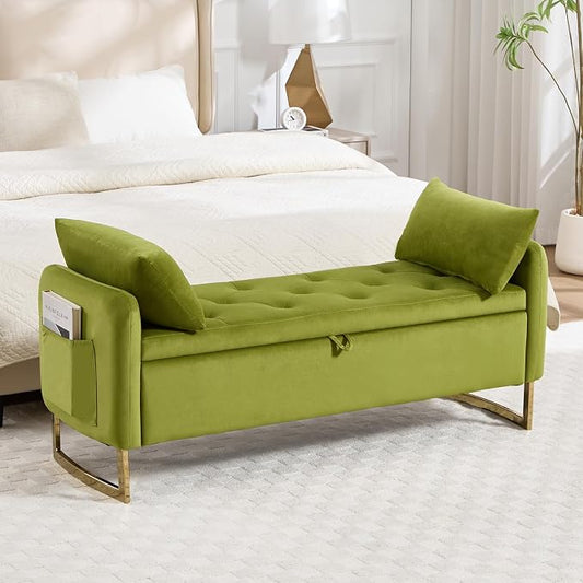 48" End of Bed Bench, Modern Storage Benches with Button-Tufted, Velvet Upholstered Storage Ottoman Bench for Foot of Bed with Arms, Gold Legs Window and Entryway, Olive Green