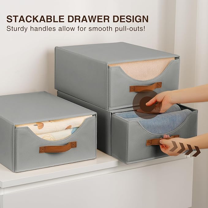 Homsorout Large Closet Organizers - Closet Storage Drawers for Clothes, Fabric Sotrage Bins with Handle, Collapsible Organizer Bins for Bedroom, Living Room, 4 Pack, Gray