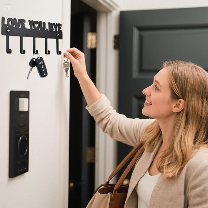 Key Holder Wall Mount, No Drill Adhesive, Black, 5 Hooks | 'Love You.Bye' Entryway Organizer, Metal, 10x4 Inch, Screws Installation