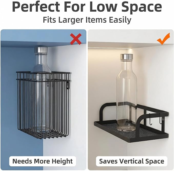 PUSDON 2-Pack 16.5" Extra Long Slim Hollowout Shower Caddy, Wall Mount Spice Rack & Bathroom Organizer, Mesh Bottom Cabinet Door Shelf Holds 50LBS - Matte Black, Hollowout