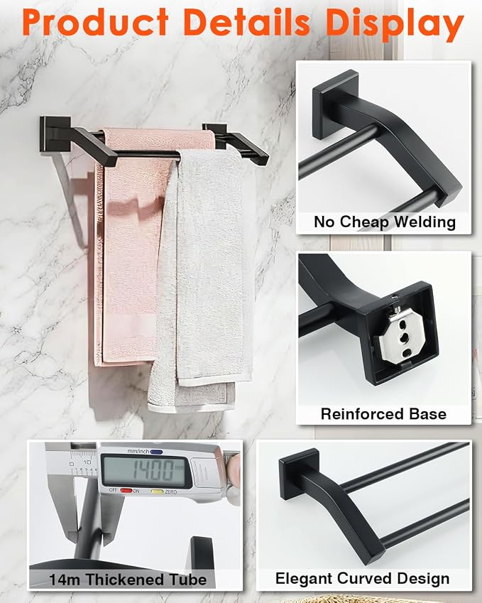 Alise Double Towel Bar,16 Inch Double Towel Racks for Bathroom, Matte Black | Quick Drying Bathroom Towel Holder, SUS304 Stainless Steel Towel Hanger Wall Mounted, Useable Length 14.9"