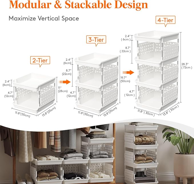 Lifewit 4 Tier Plastic Stackable Storage Baskets for Clothes 2 Pack, White | Stacking Bins for Food, Multifunctional Organizer for RV, Kitchen, Playroom, Pantry and Bathroom