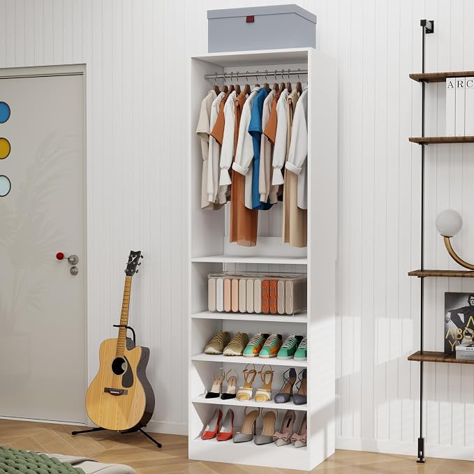 Closet System, 2FT Closet Organizer System with Adjustable Shelves and 2 Hanging Rods, Free Standing Walk-in Closet for Small Closets Engineered Wood, White