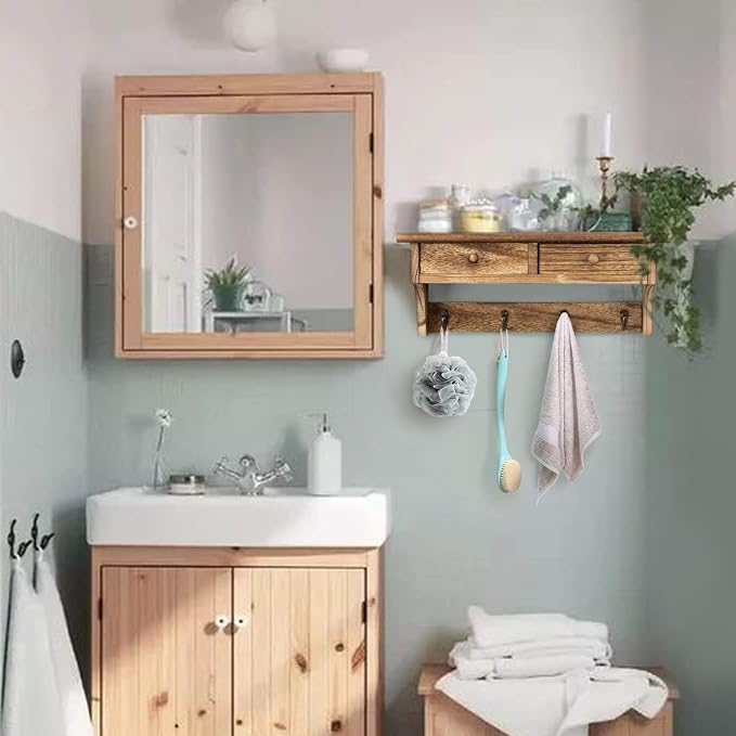 Emfogo Coat Hooks Mounted, Rustic Wood Coat Rack Mount Shelf with Hooks, Farmhouse Coat Rack with Shelf & Coat Hook for Entryway, Mudroom, Bedroom, Kitchen, Bathroom (Brown)