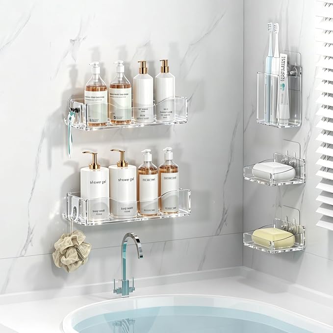 Rust-proof Shower Shelves, Bathroom Storage Organizer Shower Caddy (Clear 5-Pack)