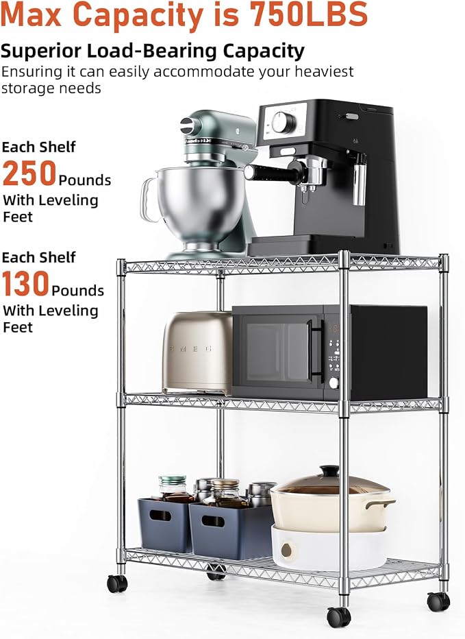 Simple Deluxe Heavy Duty 3-Shelf Shelving Unit with Wheels, Adjustable Steel Wire Shelving, Chrome Metal Shelf Organizer for Kitchen Organization and Storage, 750 lbs Capacity