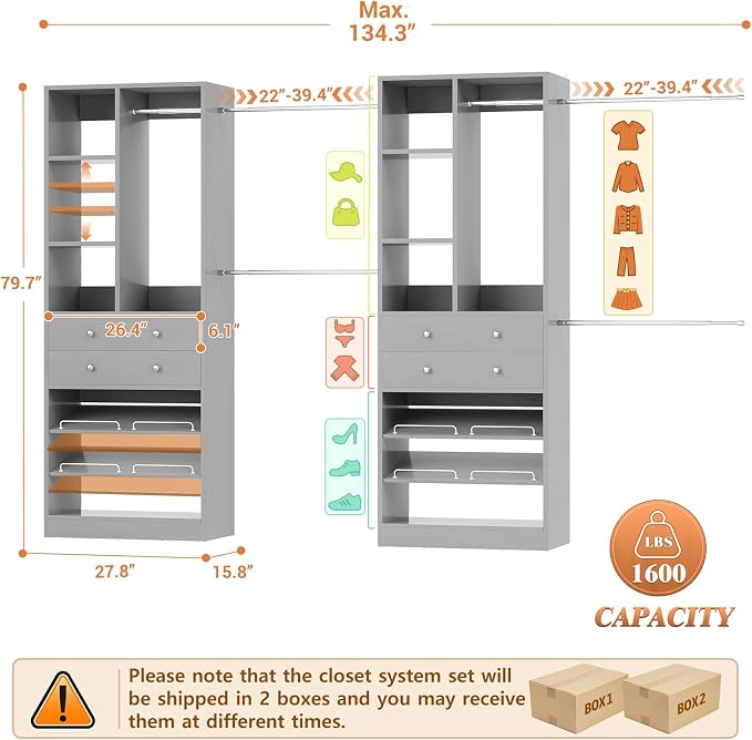 Besiost Closet System, Up to 134"/11.2 FT Closet Organizer with 4 Wooden Drawers and Shelves, Walk-in Closet System with 6 Hanging Rods, Built-in Closet Can Fit 96"/8FT, 120"/10FT, Morandi Grey Set 2