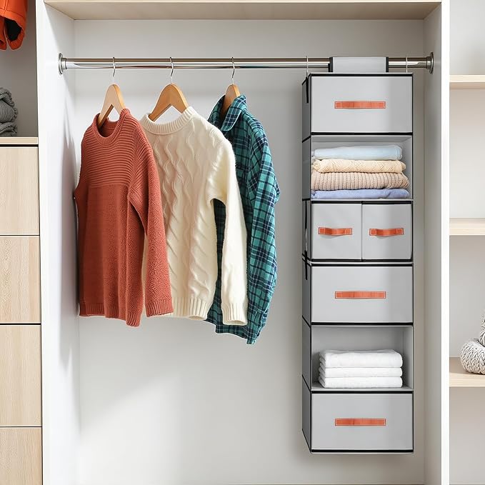 Hanging Closet Organizer 6-Shelf, Upgrade Closet Organizers and Storage with 5 Removable Drawers & 4 Side Pockets, Hanging Shelf Organizer for Bedroom or Garment Rack, 12.6'' x 12.6'' x 44.1'', Gray