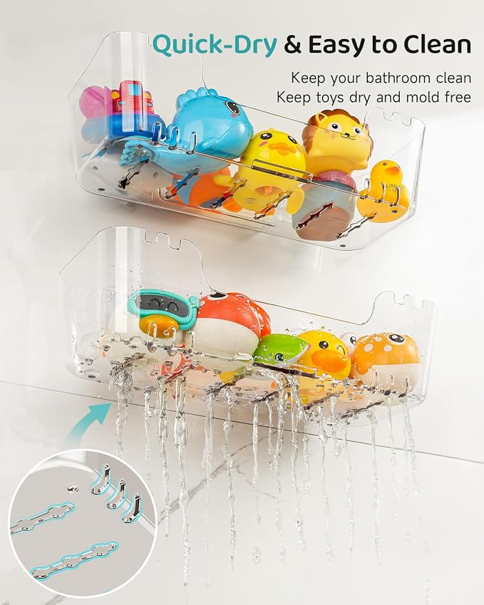Bath Toy Storage Organizer 2+2 Pack, Bath Toy Holder with Drain Holes | Durable Plastic Bathtub Toy Storage for Bathroom, Quick-Dry Drainable Shower Caddy, Easy to Clean (Clear 2+2 Pack)