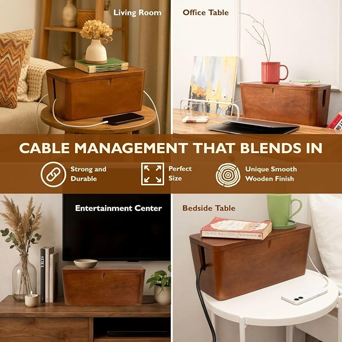 Mango Cable Management Box - Rustic Design (Natural, Extra Large) | Mango Wood, Cable Organizer, Rustic Style, Modern Design, Desktop Storage
