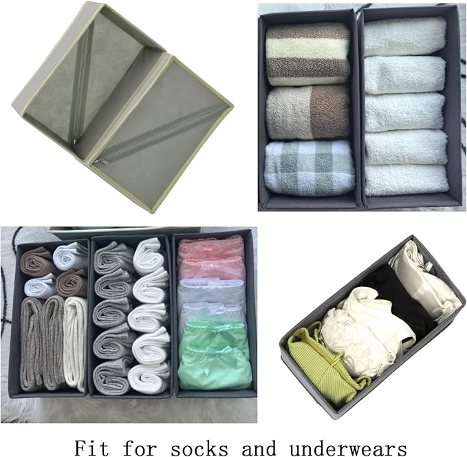 Bructhun Sock Drawer Organizer 3 Pack - Foldable Fabric Storage Bins for Underwear Divider, Small Closet Organizers with 3 Compartments, Light Gray