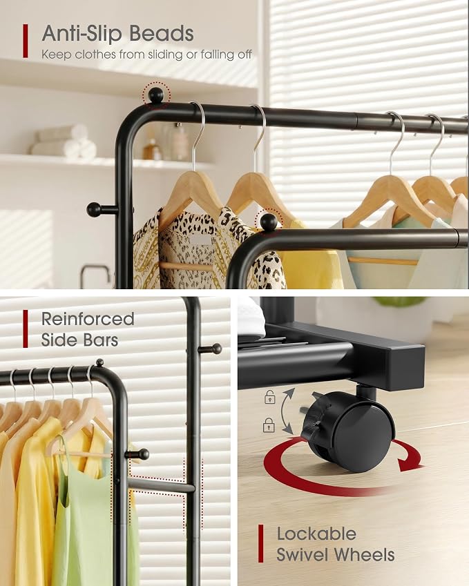 Sakugi Clothes Rack - Double Rods Clothing Rack with Mesh Shelf, Hooks & Wheels, Metal Clothing Racks for Hanging Clothes & Bags, Multifunctional Garment Rack for Laundry, Black, 28.7" x 16.5" x 59.1"