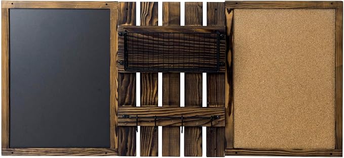 MyGift 3 Panel Wall Mounted Entryway Bulletin Board Combo Set | Rustic Burnt Solid Wood Frame with a Chalkboard, Cork Board, Black Metal Mail Basket, and Hanging Rail Message Display Office