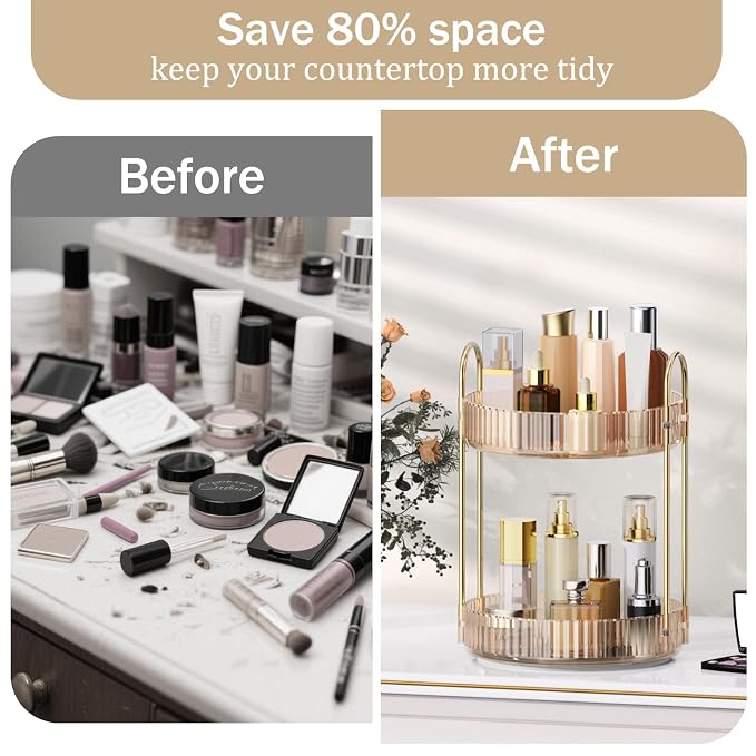 MOKANI 360 Rotating Makeup Organizer for Vanity, 2 Tier Perfume Organizer | Adjustable Multi-Function Spinning Cosmetics Skincare Storage for Bedroom, Dresser, Countertop, Amber