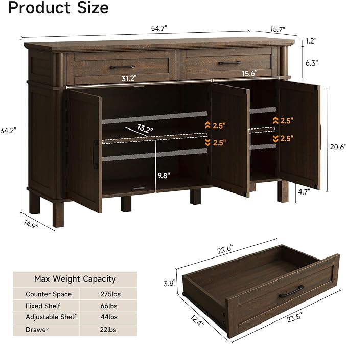 55 Inch Buffet Cabinet with Storage, Farmhouse Sideboard Buffet w/2 Drawers and 3 Doors, Wood Coffee Bar Cabinet with Adjustable Shelves, Sideboard Storage for Kitchen, Living Room, Brown