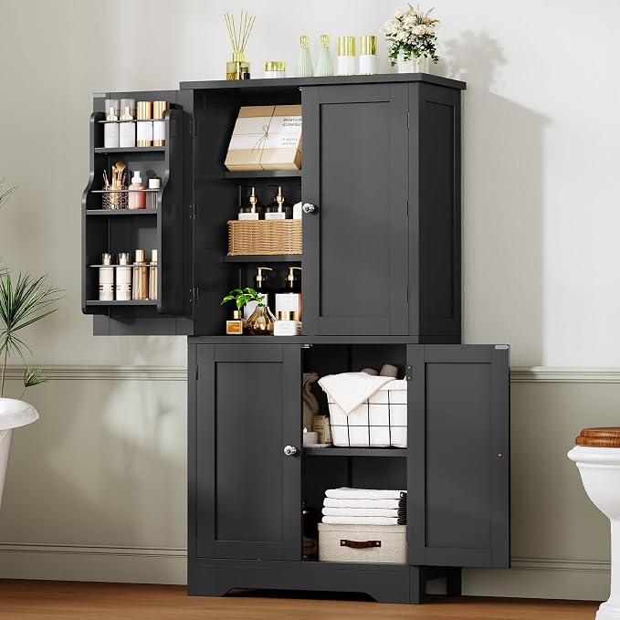 51" H Pantry Cabinet with 4 Doors, Kitchen Cabinet with 6 Door Shelves, Kitchen Pantry for Living Room, Dining Room, Bathroom, Black