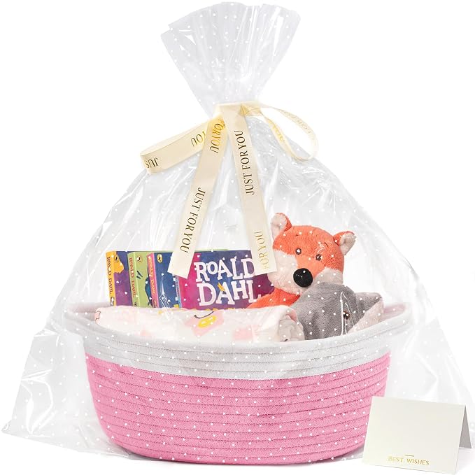 CHICVITA Gift Basket Empty with Bags & Ribbon for Baby Shower, Pink | 12"x 8"x 5" Woven Gift Basket Empty to Fill for Girl Birthday, Rope Baskets for Organizing, Decorative Basket