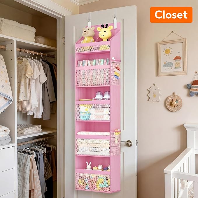 Lifewit Baby Over the Door Hanging Organiser, Hanging Shelves with Transparent Pockets for Stuffed Toys for Children's Room, Baby Items in the Pantry, Bedroom, Wardrobe, (Pink, 5 Tier)
