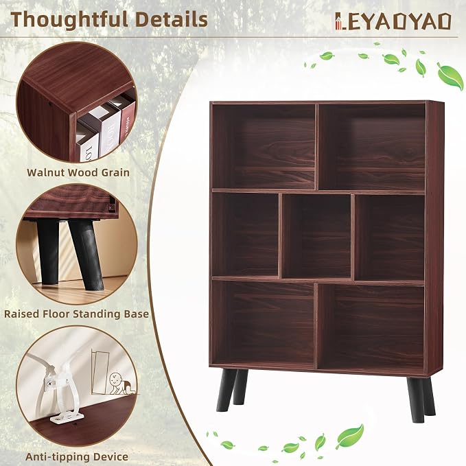 LEYAOYAO Cube Bookshelf, Mid-Century Modern Book Shelf with Legs, Walnut | 3 Tier Bookcase, Rustic Wood Bookshelves Freestanding Small Storage Organizer, Open Shelves for Bedroom, Living Room, Office